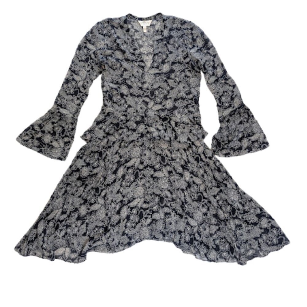 Derek Lam 10 Crosby 100% Silk Navy Floral Fit & Flare Dress Size 0
